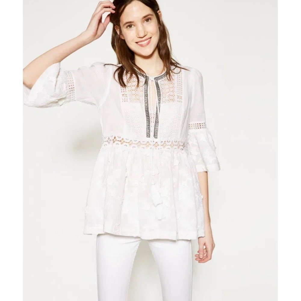 The Kooples White Boho Peasant Blouse XXS – Lace Embroidery Tunic Top Festival